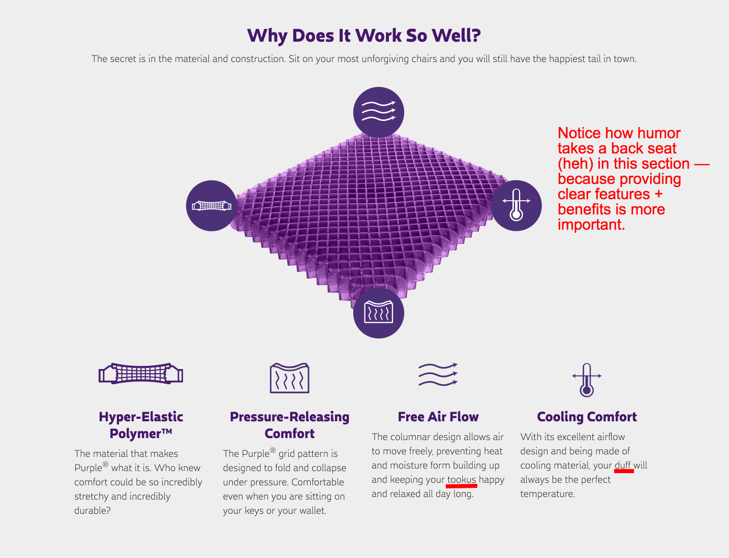 Purple's humor conversion copywriting