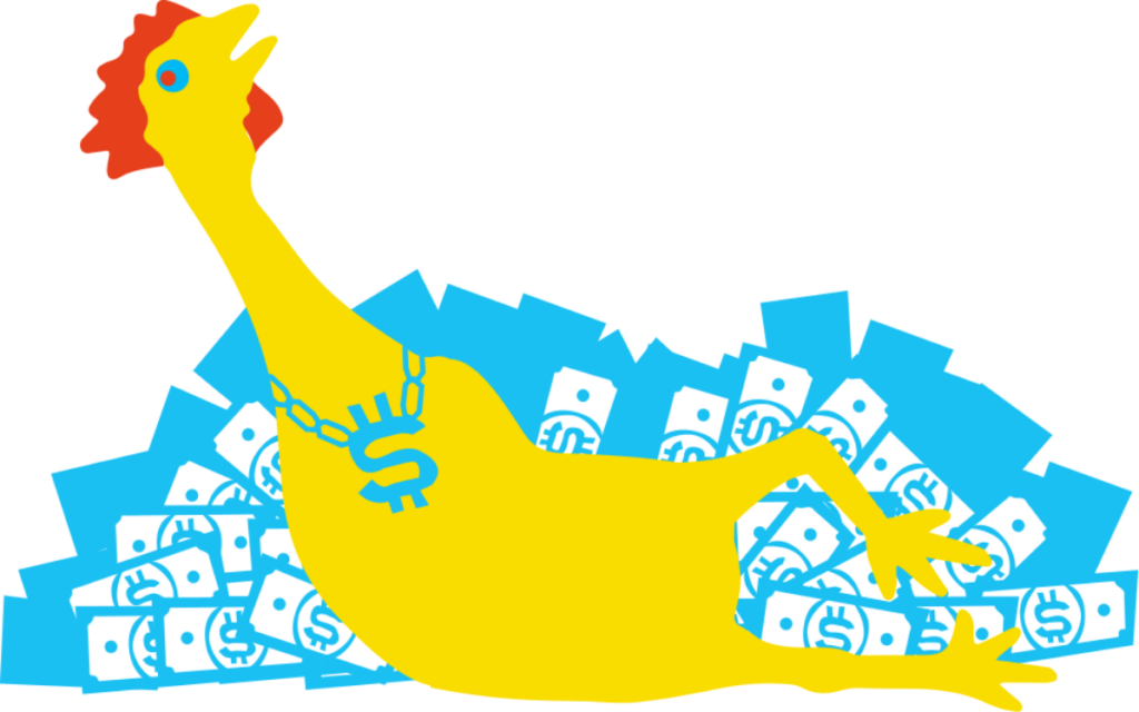 A cartoon chicken lounging on a pile of money
