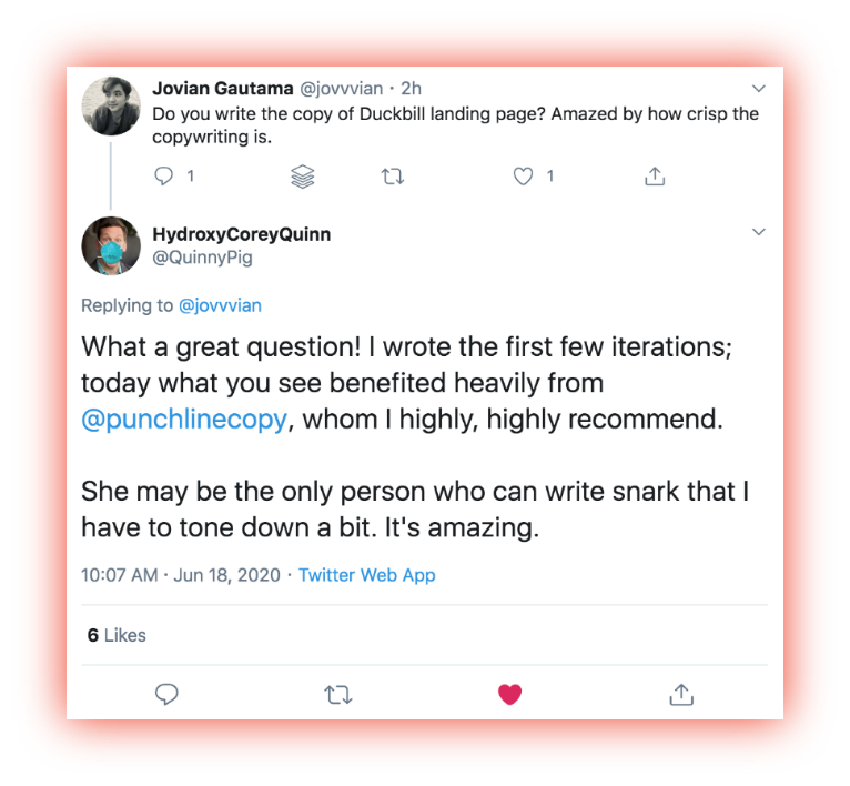 A tweet recommending Punchline Copy’s writing