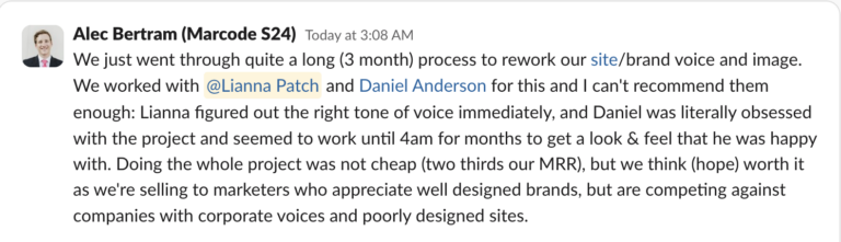 Alec Bertram of Marcode in Slack, on reworking their site and brand voice with Lianna.